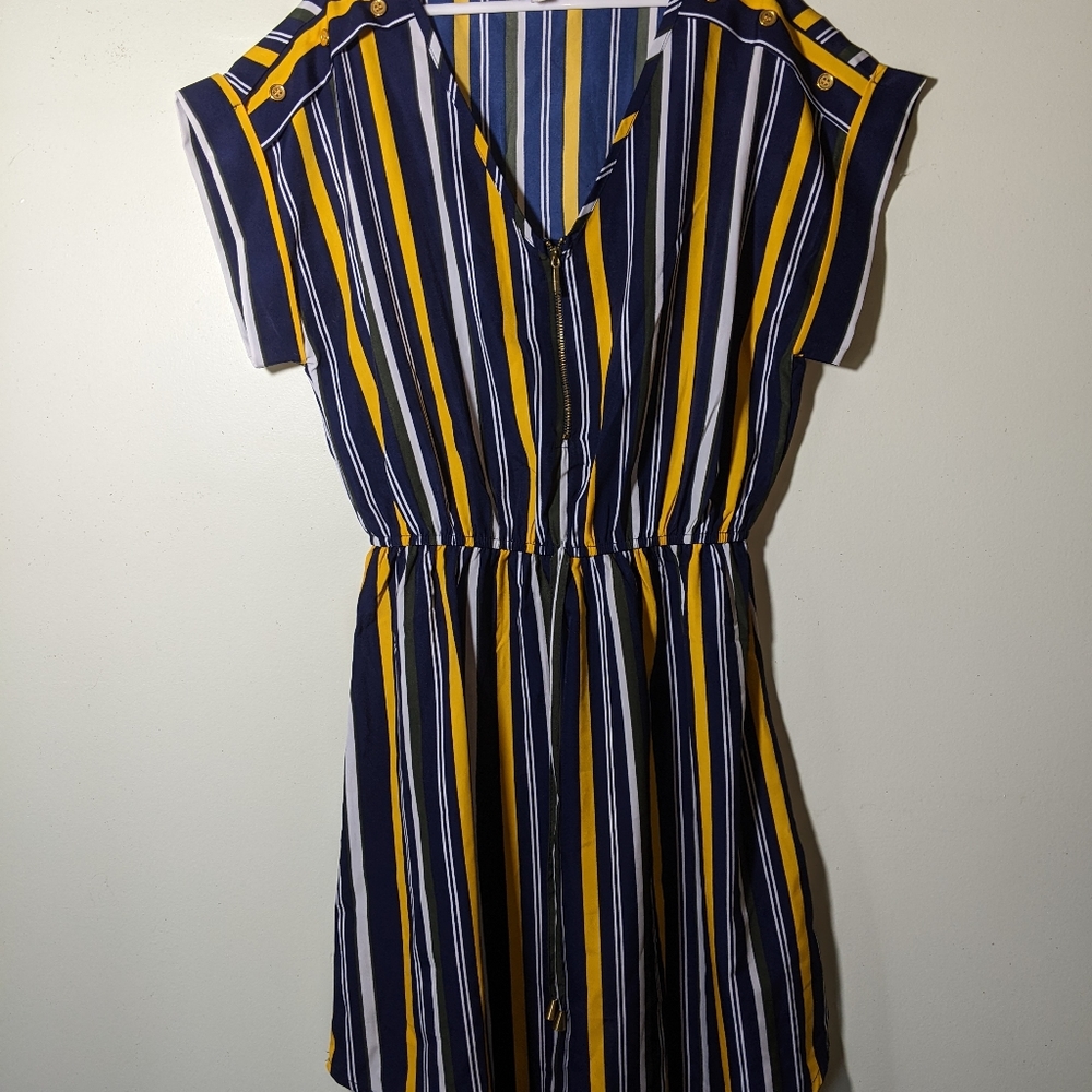 Navy, yellow, olive green, white striped dress